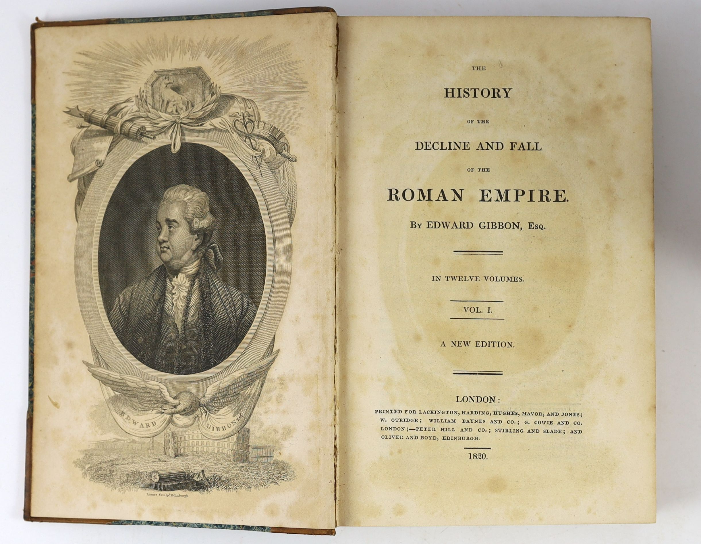Gibbon, Edward - The History of the Decline and Fall of the Roman Empire, 12 vols, 8vo, half calf, with portrait frontispiece and 2 folding maps, frontis and titles browned, maps spotted, lacking most titling labels, Lon